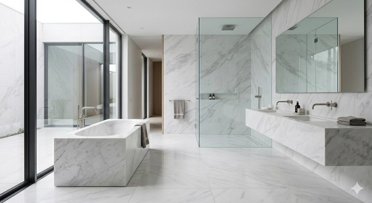 Mermer kullanılan modern banyo iç mekanı